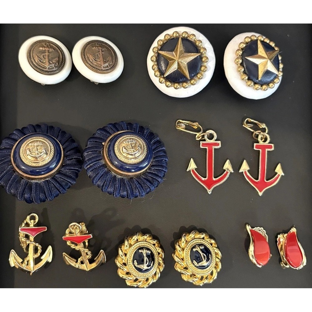 VTG 80s 90s Navy Blue Red Nautical Patriotic Chunky Clip Earring Lot Gold Tone